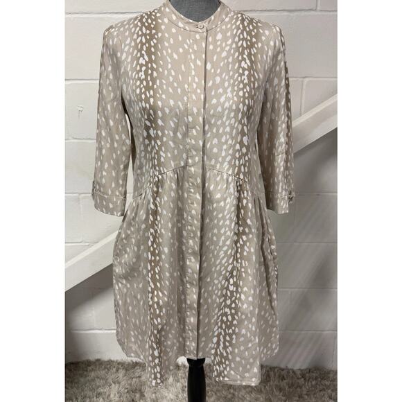 Tuckernuck Antelope Royal Shirt Dress XS White Tan Print 3/4 Sleeve Pockets - Picture 2 of 10